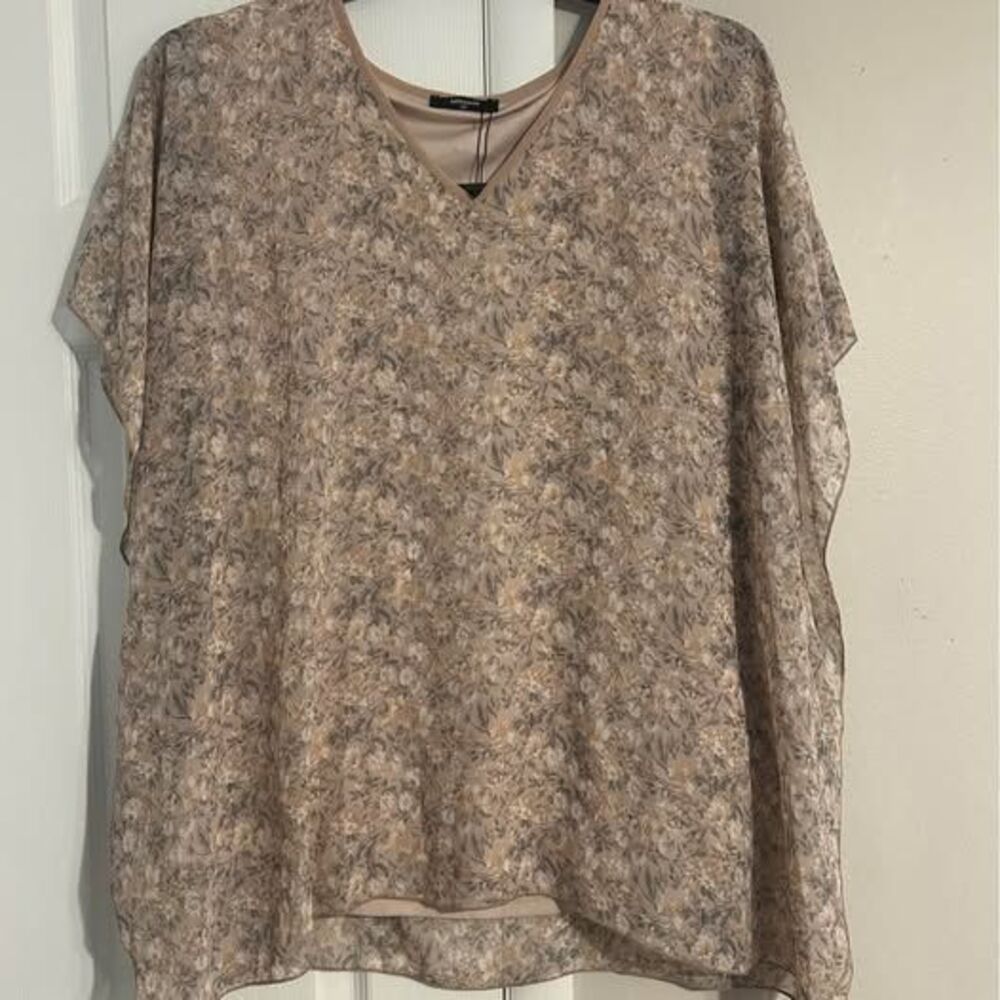 Lotusmile 2X XXL Floral Chiffon Poncho Blouse Beige Taupe V Neck Layered NWT